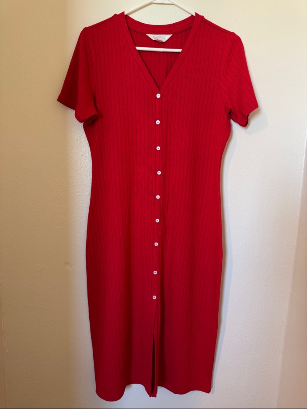 Market & Spruce Red Ribbed Button-Front Midi Dress